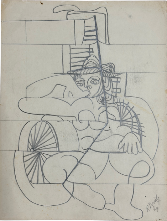 Roland Dorcely 1974 pencil drawing Cubist Nude in Wheelchair