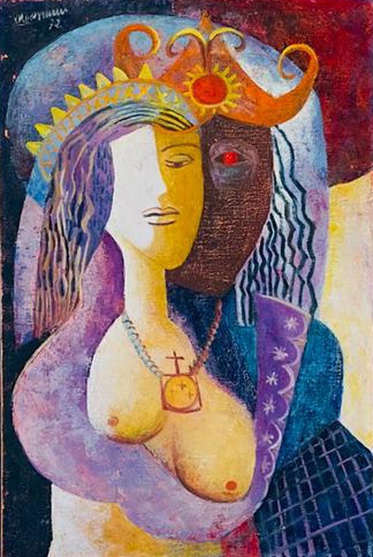 Rose-Marie Desruisseau Dualité oil on canvas depicting a symbolic dual-faced figure with celestial crown, vibrant colors, and themes of identity, spirituality, and transformation.