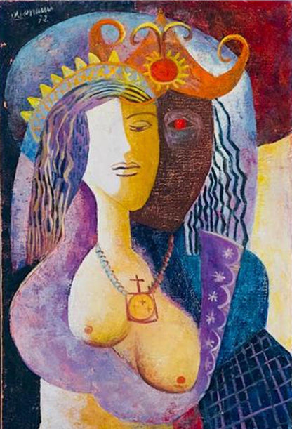 Rose-Marie Desruisseau (haïtienne, 1933-1988) 40"x24" Femme peignant les cheveux/miroir 1970 Huile sur toile encadrée Peinture-Objet de collection #1GSN-MIA 
