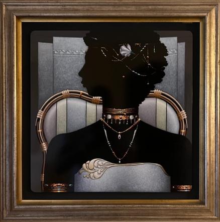 Emilcar Similien (Simil) 17"x17 » Profil de dame noire avec bijoux 1989 Acrylique sur peinture encadrée Masonite #1MB
