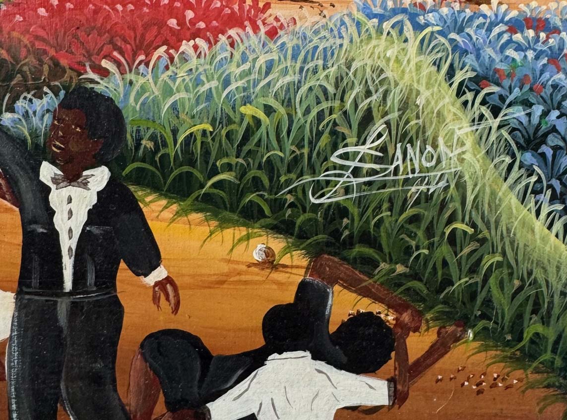 Lamarre Sanon 20"x30" Funeral Procession in the Haitian Countryside 1994 Oil on Canvas Unframed Painting #1CZ