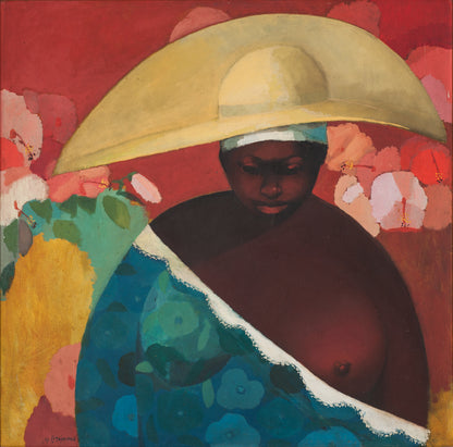 Bernard Sejourne (1947-1994) 40"x40" Woman With Yellow Hat 1972 Acrylic on Board Unframed Painting #19-3-96GSN-Foundation Marie & Georges S. Nader