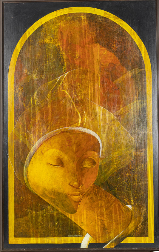 Bernard Sejourne (1947-1994) 42"x26" La Grâce dorée 1981 Acrylique sur carton Peinture encadrée #14SS