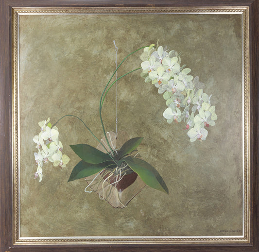 Bernard Sejourne (1947-1994) 47 ½" x 47 ½" Orchidées blanches 1981 Acrylique sur carton Peinture encadrée #26SS
