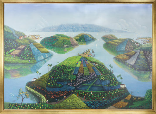 Murat Saint-Vil 47 ¾" x 67" Islands from Above c 1980 Oil on Masonite Framed Painting #28SS