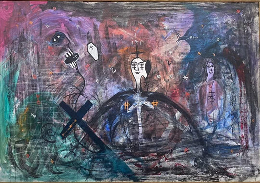 Untitled (Vodou Spirit Figures) original painting by Stivenson Magloire with spirit figures, crosses, and a coffin on a violet, teal, and charcoal ground