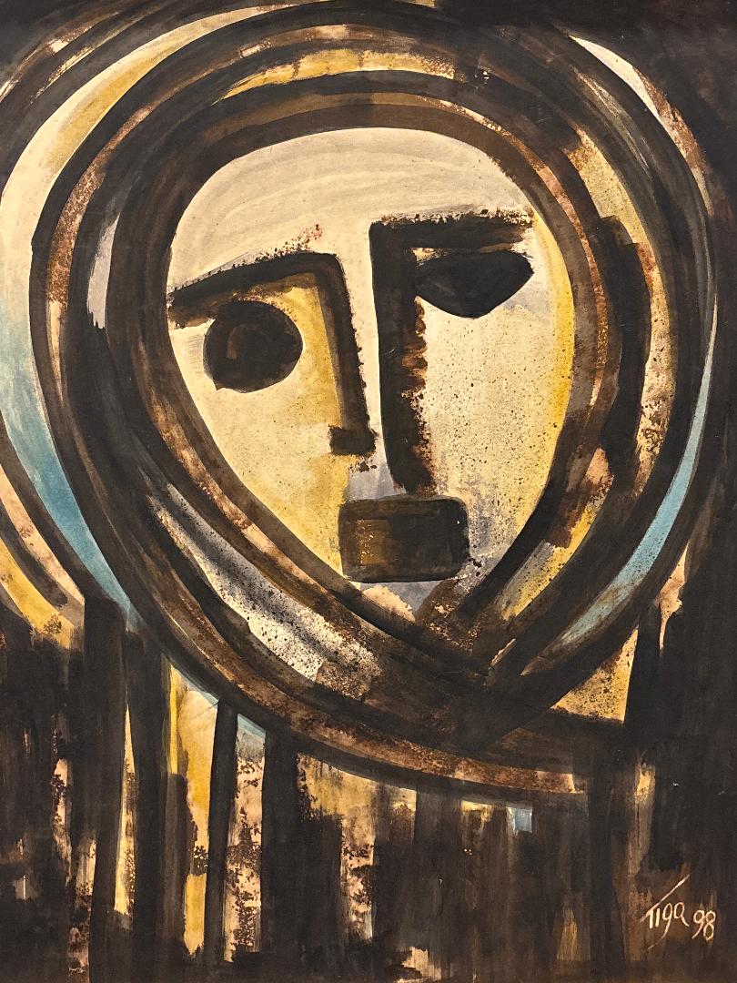 Jean-Claude Garoute Tiga Haitian abstract painting of stylized face with bold lines and textured earthy tones