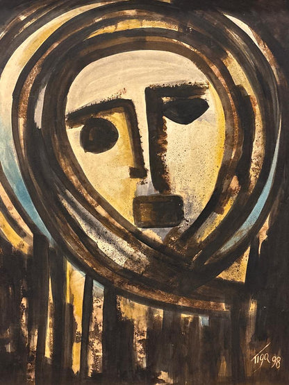 Jean-Claude Garoute Tiga Haitian abstract painting of stylized face with bold lines and textured earthy tones