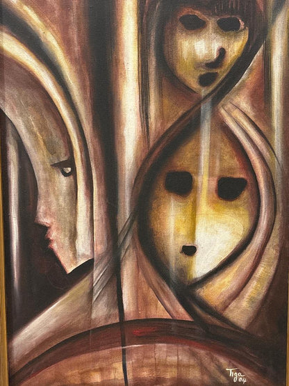 Jean-Claude Garoute Tiga 2004 Vodou abstract painting with three mask-like faces in earth tones, acrylic on canvas, signed lower right.
