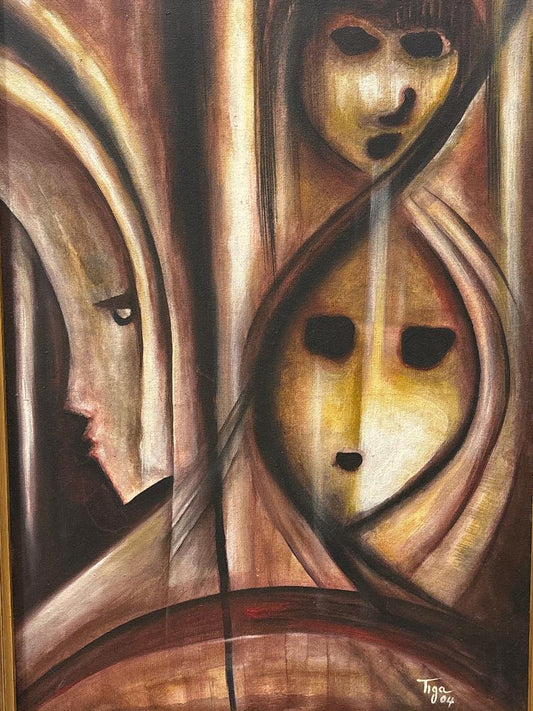 Jean-Claude Garoute Tiga 2004 Vodou abstract painting with three mask-like faces in earth tones, acrylic on canvas, signed lower right.