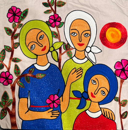 Jose Morillo 18"x18" Three Women with Flowers Embroidery Cushion Cover #1MFN