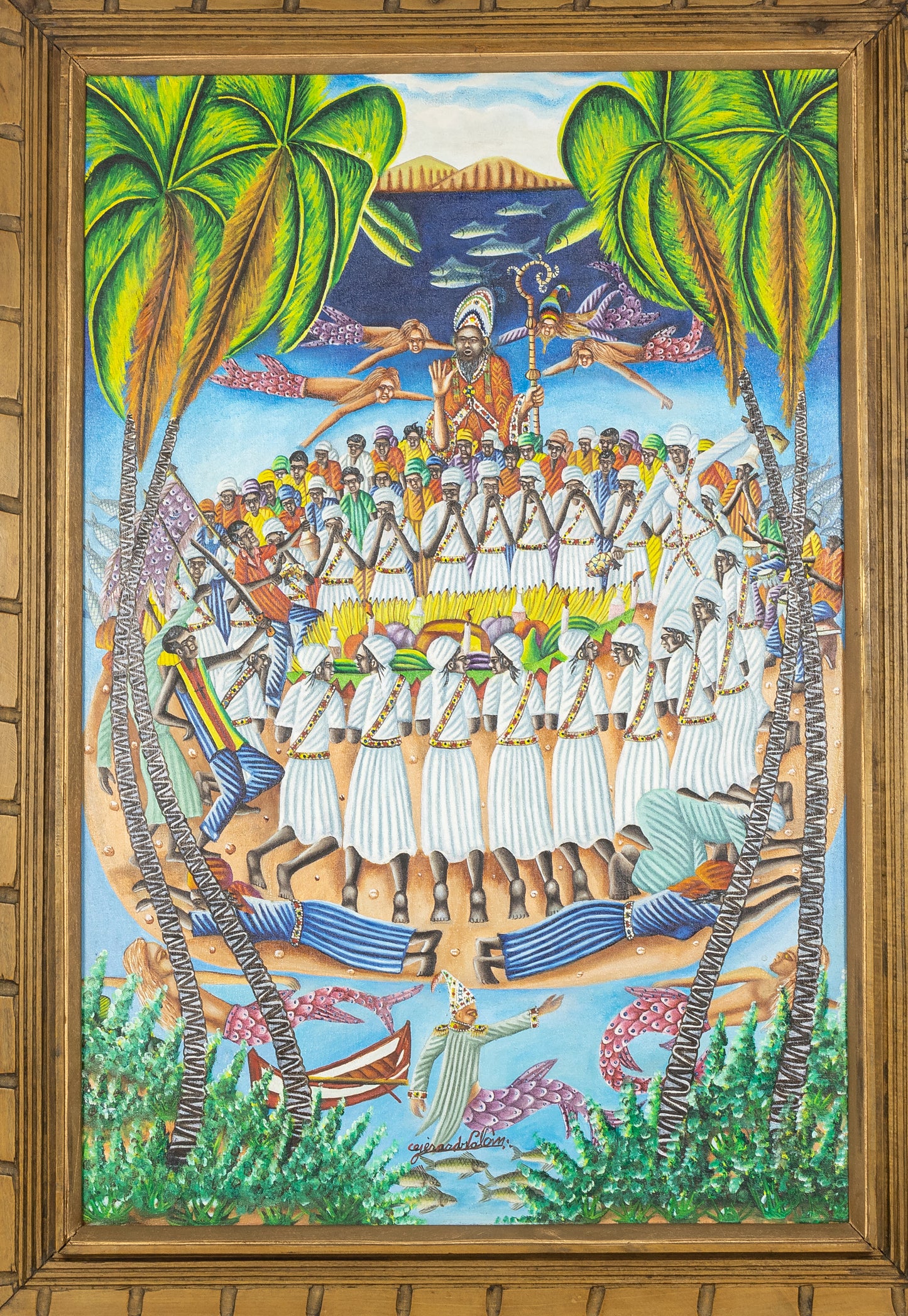 Gerard Valcin (1925-1988) 35"x24" Voodoo Procession c1980 Oil on Canvas Framed Painting #13SS