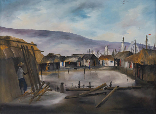 Vilaire Poisson Haitian coastal village painting with huts, figures and boats, atmospheric shoreline oil on canvas