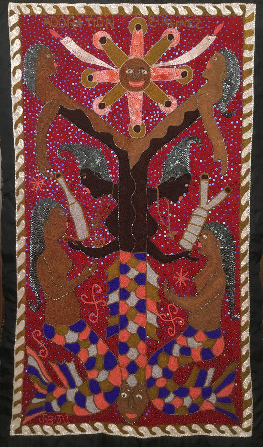 Jean-Baptiste Jean-Joseph 55"x33" Mermaids Adoration c2006 Beaded Embroided Fabric (Vodou Flag) #1CLD