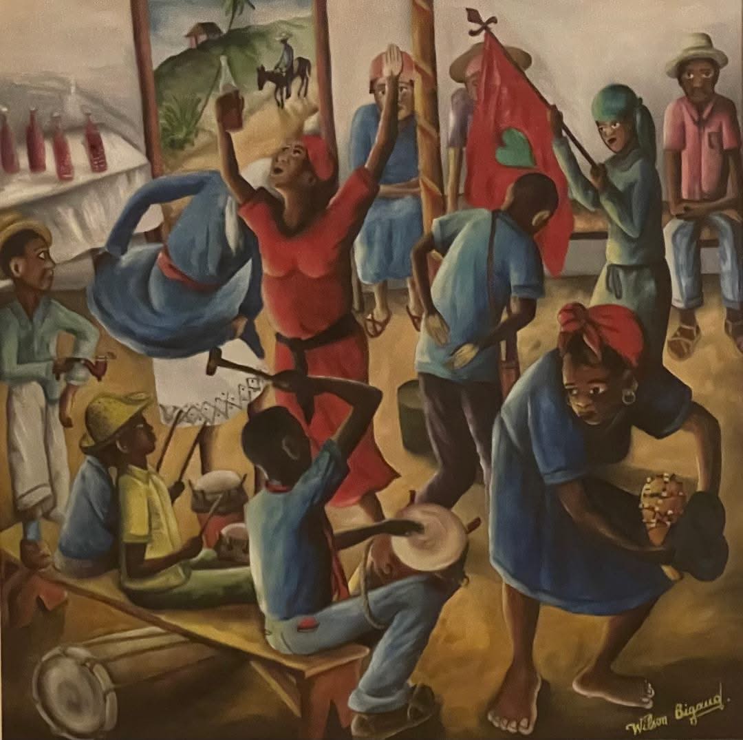 Wilson Bigaud 1970 oil on board Vodou scene, 24 x 24 in, Erzulie symbolism, exhibited with Lauryn Hill, from Myriam Nader collection, COA included.