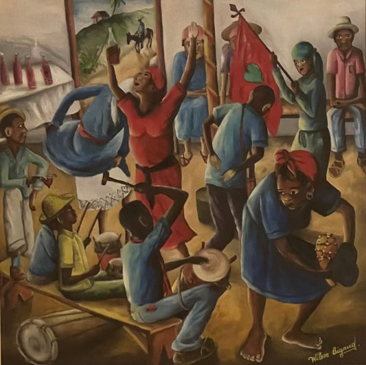 Wilson Bigaud 1970 oil on board Vodou scene, 24 x 24 in, Erzulie symbolism, exhibited with Lauryn Hill, from Myriam Nader collection, COA included.