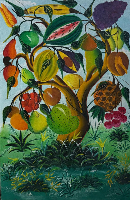 Colorful painting of a tree with various fruits and leaves