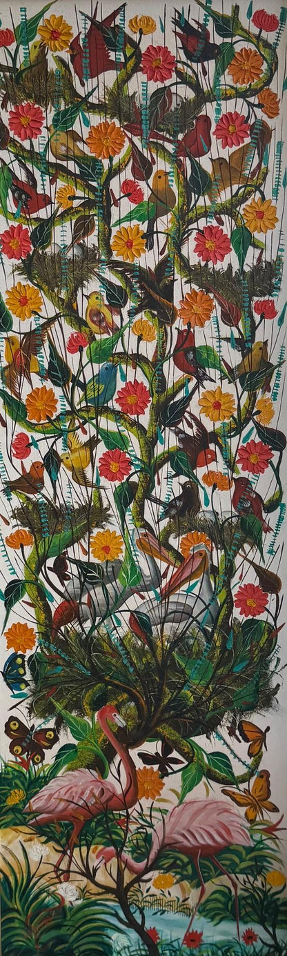 Colorful tapestry with birds, flowers, and foliage