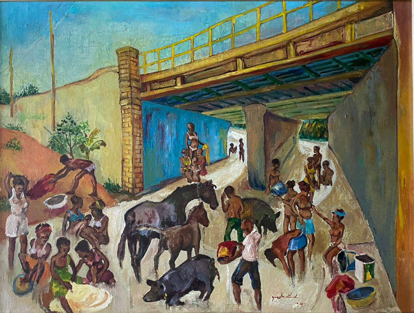 Yves Michaud Haitian village life oil painting 1980 showing market scene with villagers horses and animals under bridge 24x32 canvas.