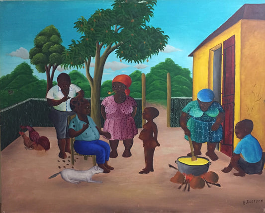 Yves Deetjen oil on board painting depicting a Haitian family courtyard scene with women children cooking and tropical trees in a rural village setting