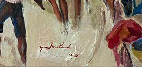 Yves Michaud  24"x32" Village Life Market Scene Under Bridge 1980 Acrylic on Canvas Unframed Painting #1JN-HA