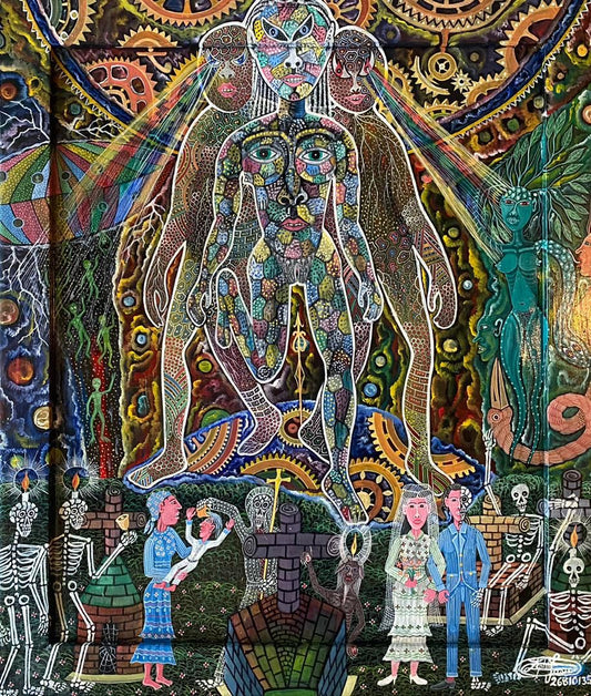 Frantz Zephirin 26,5"x22,50 « La Descente de l'Esprit et l'Omega » 2023 Huile sur carton - Peinture sur cadre peint incrusté #13JN-NY