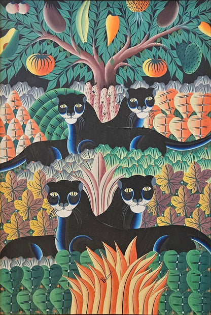 Original Haitian painting by Fritz Philémon of four black panthers beneath a fruit tree in a vibrant tropical garden