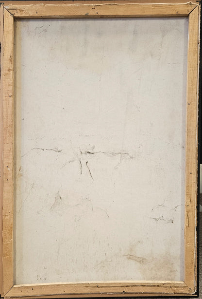 Reverse of Fritz Philémon Haitian painting showing wooden stretcher bars and canvas