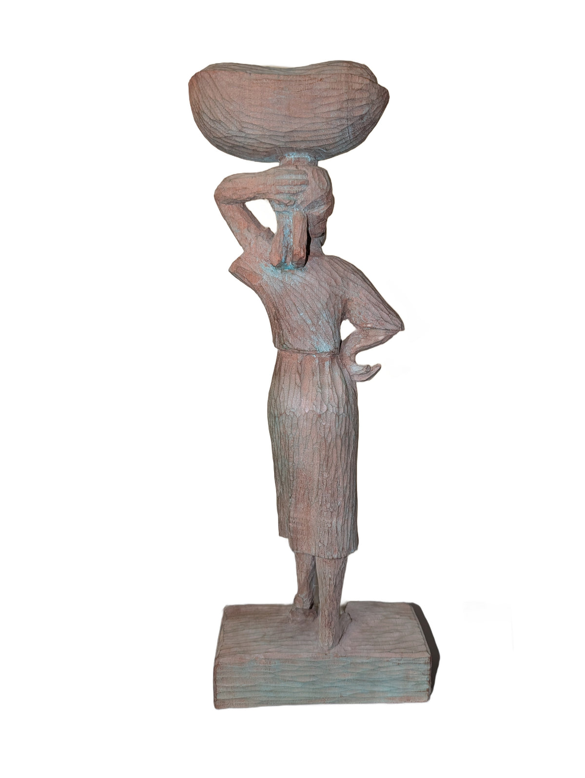 Ludovic Booz (1940-2015) 16"H x 5.75"L x 2.5"D Woman Carrying a  Basket Hand-Carved in Mahogany Wood Sculpture #1TL
