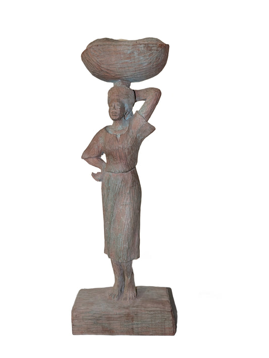 Ludovic Booz hand-carved wood sculpture of a Haitian woman carrying a basket on her head