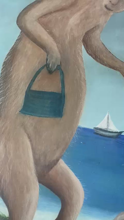 Jasmin Joseph (1923-2005) 25"x14" Monkeys at the Beach 1989 Acrylic on Board Unframed Painting#1JN-HA