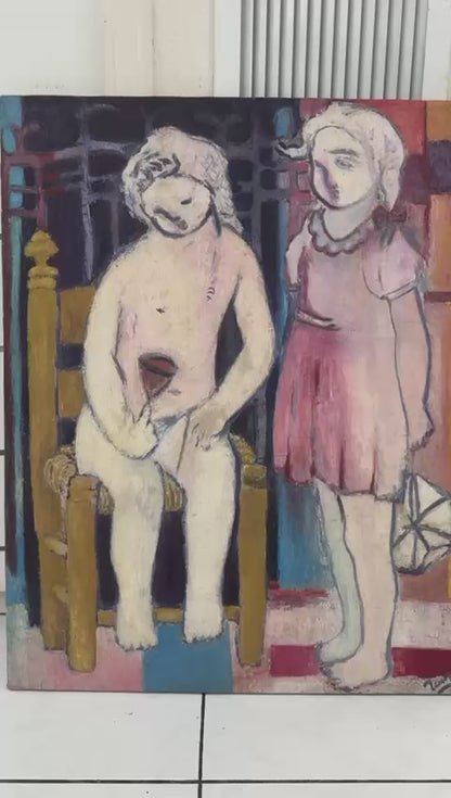 Villard Denis (Davertige) 30"x24" Two Children 1969 Acrylic on Canvas Unframed Painting #3-3-96GSN-HA-Marie & Georges S. Nader Family Collection