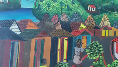 Maurice Vital 16"x24" Rural Scene in Jacmel 1970 Oil on Board #2JN-HA