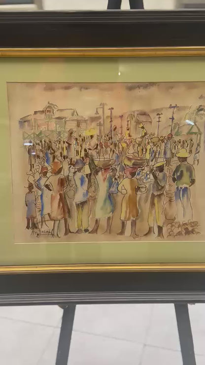 Antonio Joseph (1921-2016) 13.50"x17.50" Busy Market Scene c1945-46 Watercolor on Paper  #1J-HA