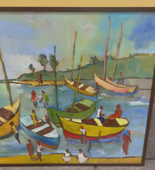 Georges Desarmes 21"x29.25" Boats by the Port 2023 Oil on Canvas Framed Under Nonglare Glass Painting #3MFN