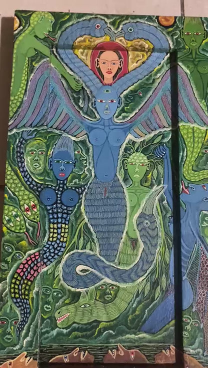 Frantz Zephirin 15”x8” Untitled Blue Mermaid 2002 Oil on Canvas Hand-Painted Encrusted Framed Painting  #25JN-HA