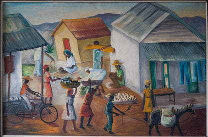 Wilson Bigaud 1966 painting “Market Day” showing a Haitian village market with vendors, a bicycle, a donkey, and tin-roofed houses
