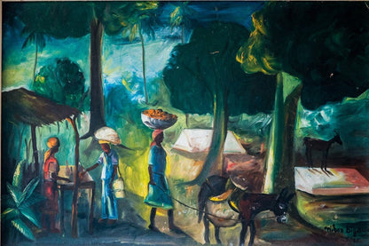 Wilson Bigaud 1965 oil on board painting “Homeward Bound” showing Haitian market vendors, a woman carrying a fruit basket, and a donkey beneath tall trees