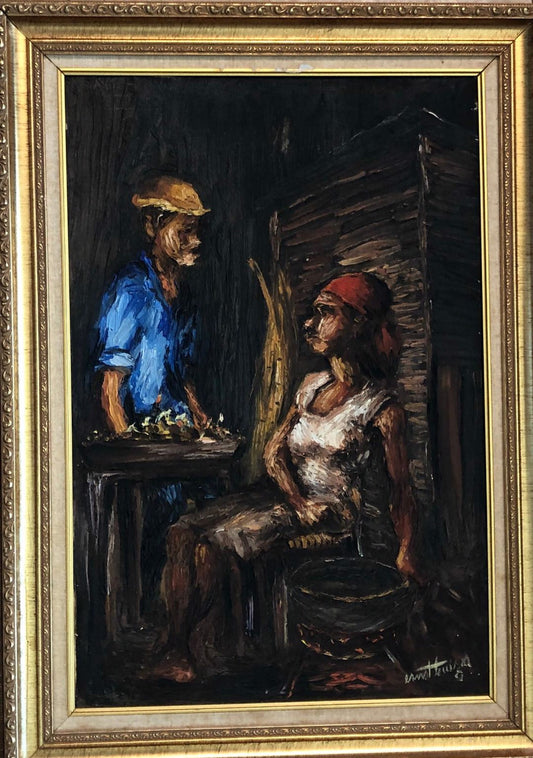 Ernst Louizor (Haitiano, 1938-2011) "Vendedor nocturno" Enmarcado 1974 Óleo sobre lienzo Pintura 24"h x 16"w #114-3-96GSN-NY