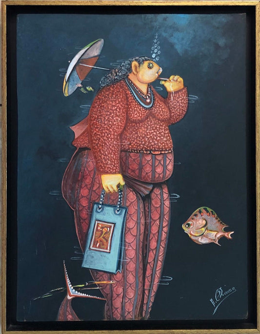 Andre Blaise (Haitian, b.1961) "Fish Lady With Umbrella" Framed Painting 10"h X 8"w #1GSN-NY