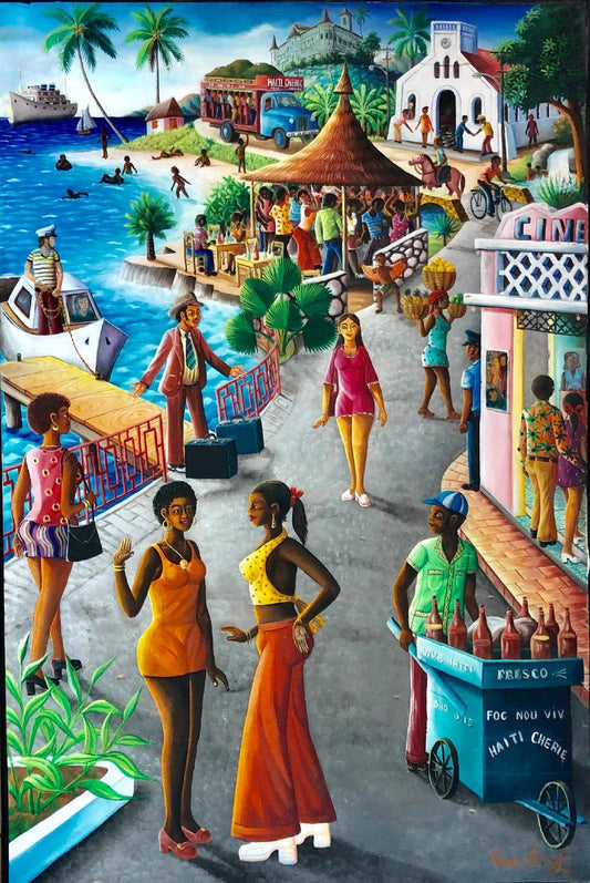 Andre Normil (Haitiano, 1934-2014) "Scene de Vie au Port" Pintura acrílica enmarcada sobre lienzo 36"h x 24"w #5-3-96GSN-NY