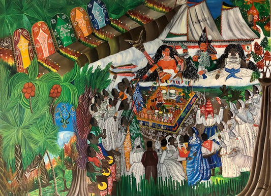 Andre Pierre (Haitiano, 1914-2005) "Immanou" Pintura al óleo sobre tabla sin marco 30"h x 40"w #4-2-95GSN-NY