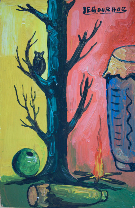 Jacques-Enguerrand Gourgue (1931-1996) 6"x4" The Drum, The Tree & The Owl Oil on Board Collector's Item #1PM