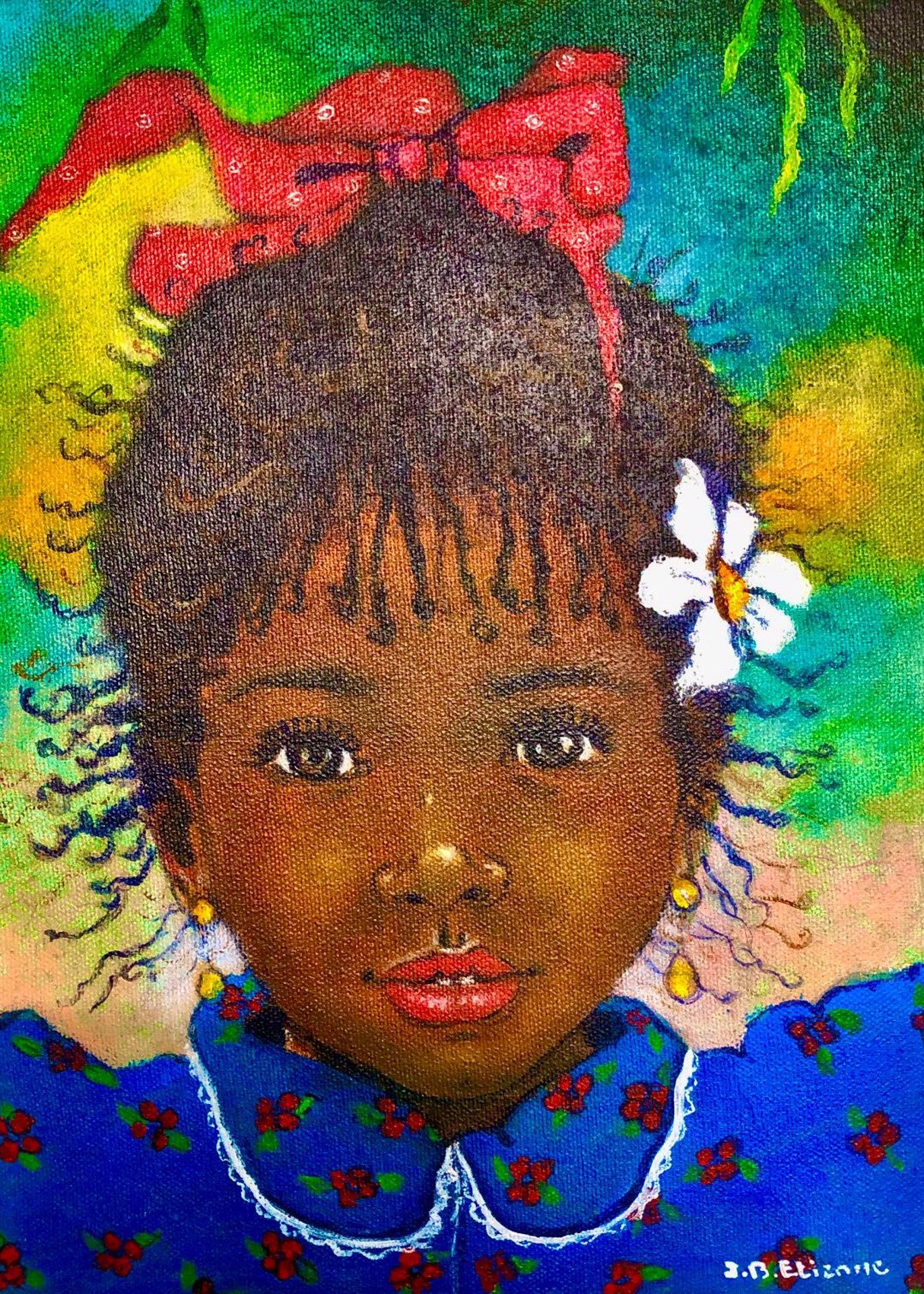 Jean-Bernard Etienne (Haïtien, né en 1952-2019) « La Petite Fille » Acrylique encadré sur toile Peinture 10"h X 8"w #1GSN-NY