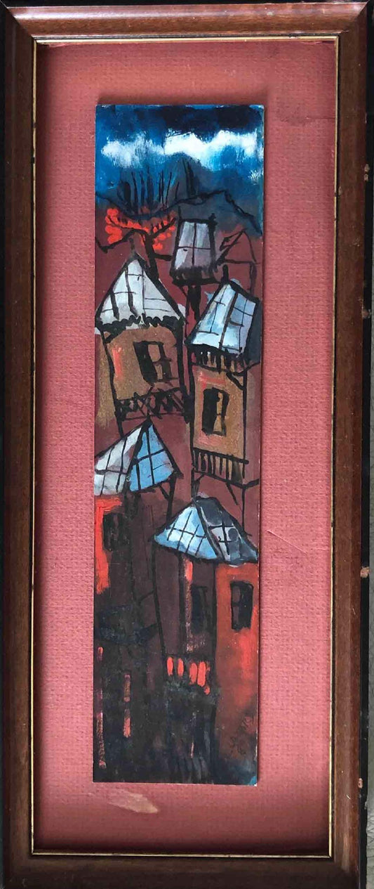 Luckner Lazard (Haitiano, 1928-1998) "Village/Houses" 1989 Acuarela enmarcada sobre papel 14.5"h x 5.5"w #73-3-96GSN-NY