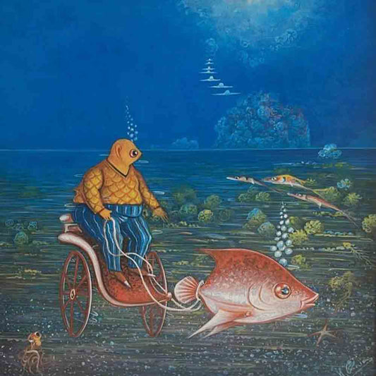 Andre Blaise 16"x16" Un hombre pez en su carruaje Óleo sobre pintura haitiana Masonite #1GN-HA