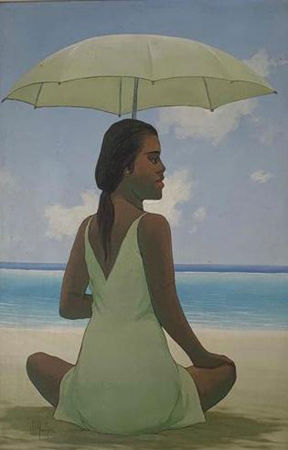Juan Plutarco Andujar (1931-1995) 36"x24" Dame à la plage avec parapluie huile sur toile peinture #16FN