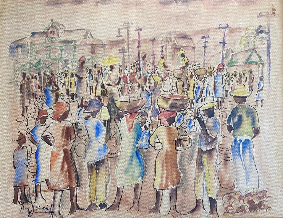 Antonio Joseph (1921-2016) 13,50"x17,50" Scène de marché occupée c1945-46 Aquarelle sur papier #1GSN-MIA