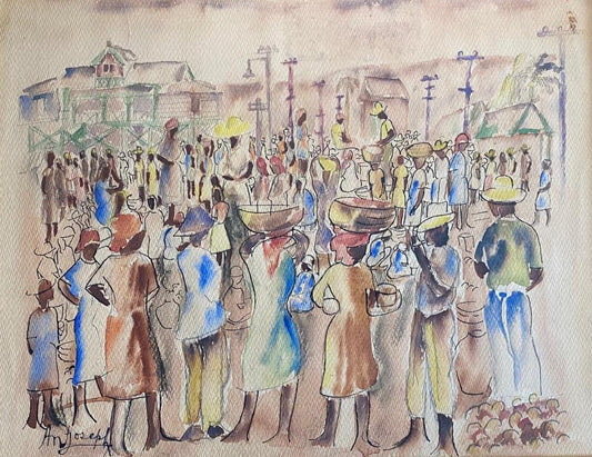 Antonio Joseph (1921-2016) 13.50"x17.50" Busy Market Scene c1945-46 Watercolor on Paper  #1GSN-MIA