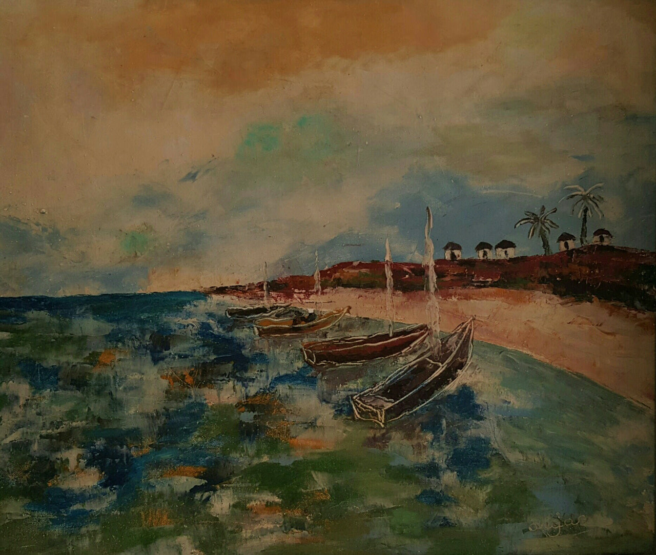 Harry Jacques (Arijak) 16"x20" Boats c1970 Encaustic on Canvas #1JN-HA